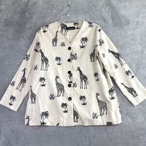 Cattrell Women's 44" XL Giraffe Print Button Down Shirt Palm Tree Blouse Vintage